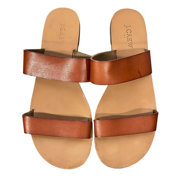 J.Crew Womens Brown Leather Two-Strap Flat Sandals Size 8 Casual Footwear - Picture 1 of 8